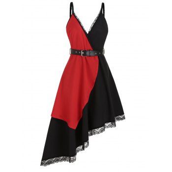 Colorblock Asymmetric Cami Dress Lace Trim Surplice Plunge Midi Dress Adjustable Straps Backless Belted Dress