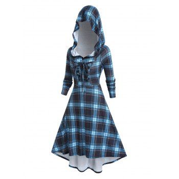 

Hooded Dress Plaid Print Dress Lace Up Long Sleeve High Low Midi Dress, Black