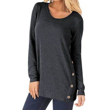 

Heather T Shirt Mock Button Round Neck Long Sleeve Tee, Gray