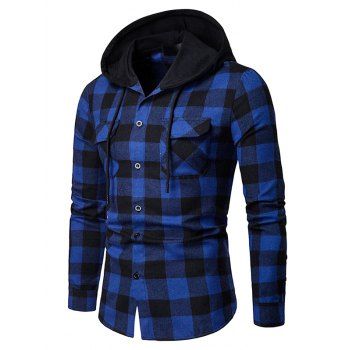 Hooded Shirt Plaid Print Shirt Front Pocket Drawstring Button Up Long Sleeve Shirt