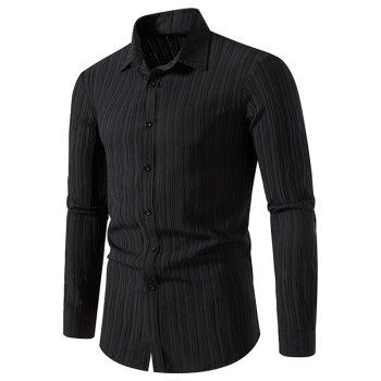 

Stripe Textured Shirt Turn Down Collar Button Up Long Sleeve Shirt, Black