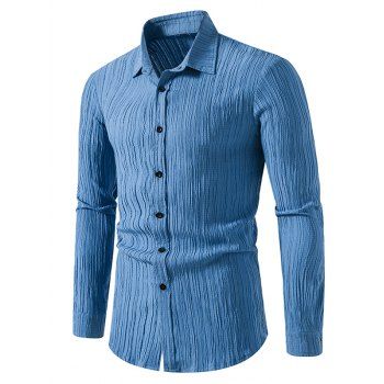 

Stripe Textured Shirt Turn Down Collar Button Up Long Sleeve Shirt, Blue