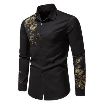 

Flower Print Shirt Turndown Collar Button Up Long Sleeve Casual Shirt, Black