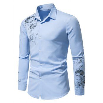 

Flower Print Shirt Turndown Collar Button Up Long Sleeve Casual Shirt, Blue