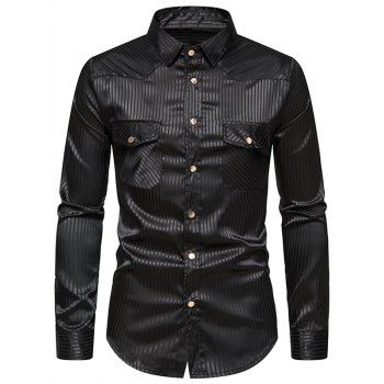 

Stripe Long Sleeve Shirt Snap Button Pocket Patches Turn Down Collar Casual Shirt, Black