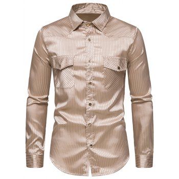 

Stripe Long Sleeve Shirt Snap Button Pocket Patches Turn Down Collar Casual Shirt, Light khaki