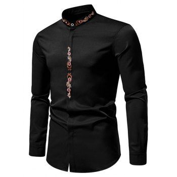

Floral Embroidery Shirt Stand Collar Hiddedn Button Long Sleeve Casual Shirt, Black