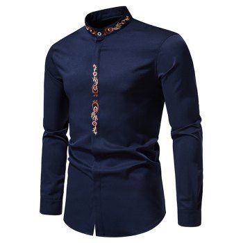 

Floral Embroidery Shirt Stand Collar Hiddedn Button Long Sleeve Casual Shirt, Cadetblue