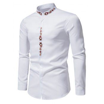 

Floral Embroidery Shirt Stand Collar Hiddedn Button Long Sleeve Casual Shirt, White