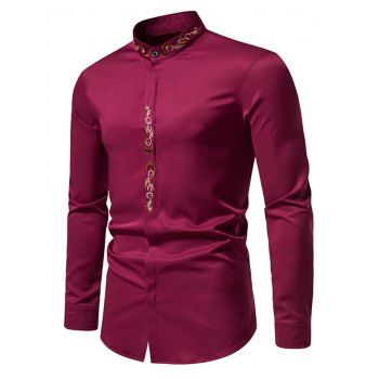 

Floral Embroidery Shirt Stand Collar Hiddedn Button Long Sleeve Casual Shirt, Red wine