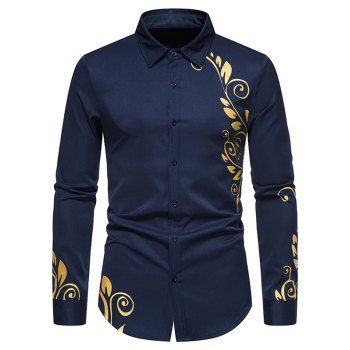 

Contrast Flower Totem Print Shirt Turn Down Collar Button Down Long Sleeve Casual Shirt, Cadetblue