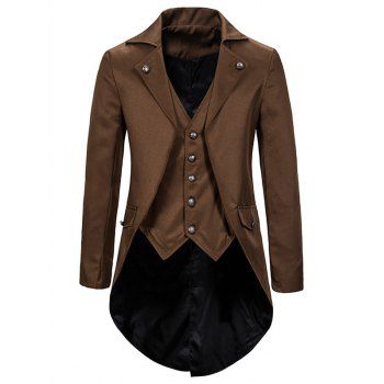 

Faux Twinset Tailcoat Suit Solid Color Padded Shoulder Mock Pocket Casual Suit, Coffee