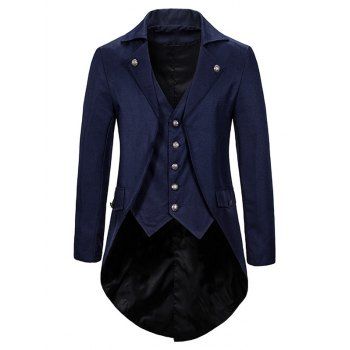 

Faux Twinset Tailcoat Suit Solid Color Padded Shoulder Mock Pocket Casual Suit, Cadetblue