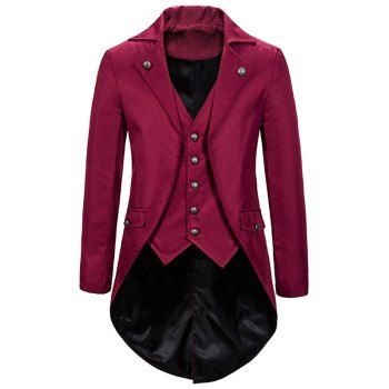 

Faux Twinset Tailcoat Suit Solid Color Padded Shoulder Mock Pocket Casual Suit, Red wine