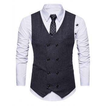 

Tweed Print Waistcoat Double Breasted Pockets Vintage Suit Vest, Black