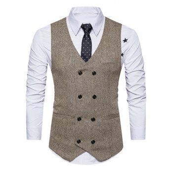 Tweed Print Waistcoat Double Breasted Pockets Vintage Suit Vest