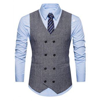 

Tweed Print Waistcoat Double Breasted Pockets Vintage Suit Vest, Gray