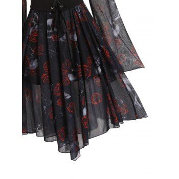 Halloween Skull Rose Print Lace Up Corset Waist See Thru Mesh Asymmetric Off The Shoulder Dress And Basic Cami Dress Two Piece Set