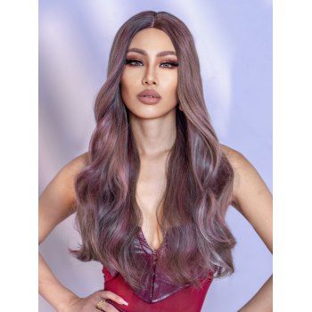 

26 Inch Long Wavy Middle Part Capless Synthetic Wig, Deep coffee