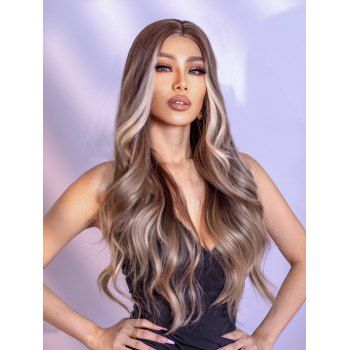 

Long Middle Part Highlighted Wavy High Resistant Synthetic Wig, Deep brown