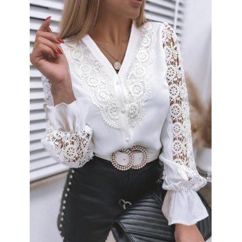 

Hollow Out Lace Panel Shirt Poet Sleeve V Neck Solid Color Button Up Shirt, White