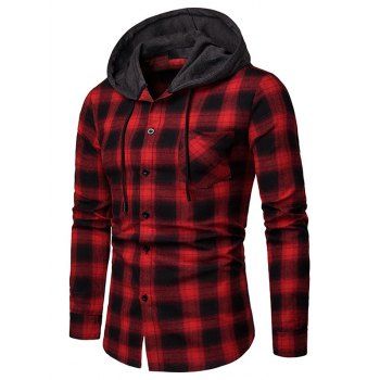 

Vintage Shirt Hooded Shirt Plaid Print Drawstring Front Pocket Long Sleeve Button Up Shirt, Red