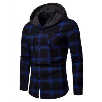 

Vintage Shirt Hooded Shirt Plaid Print Drawstring Front Pocket Long Sleeve Button Up Shirt, Blue