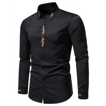 

Embroidery Flower Shirt Long Sleeve Turn Down Collar Button Up Shirt, Black