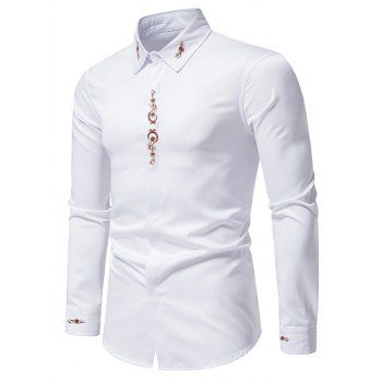 

Embroidery Flower Shirt Long Sleeve Turn Down Collar Button Up Shirt, White