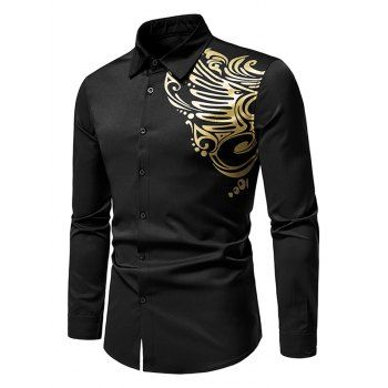 

Metallic Bronzing Totem Print Shirt Long Sleeve Button Down Casual Shirt, Black