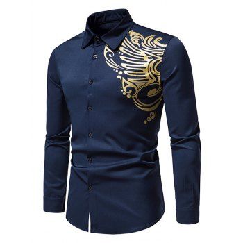 

Metallic Bronzing Totem Print Shirt Long Sleeve Button Down Casual Shirt, Blue