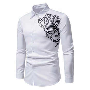 

Metallic Bronzing Totem Print Shirt Long Sleeve Button Down Casual Shirt, White