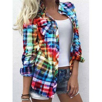 

Colorful Plaid Print Shirt Long Sleeve Pocket Patches Curved Hem Shirt, Multicolor