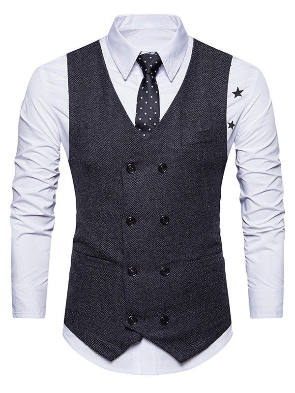 Gilet Vintage en Tweed à Double Boutonnage avec Poches - Noir XL
