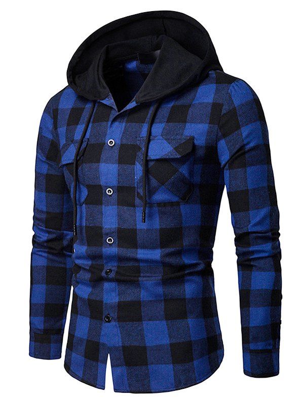 Chemise à Capuche à Carreaux Imprimé Boutonnée avec Poche en Avant à Manches Longues - Bleu XL