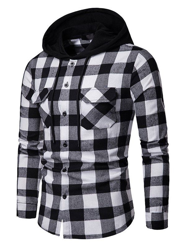 Chemise à Capuche à Carreaux Imprimé Boutonnée avec Poche en Avant à Manches Longues - Noir XL