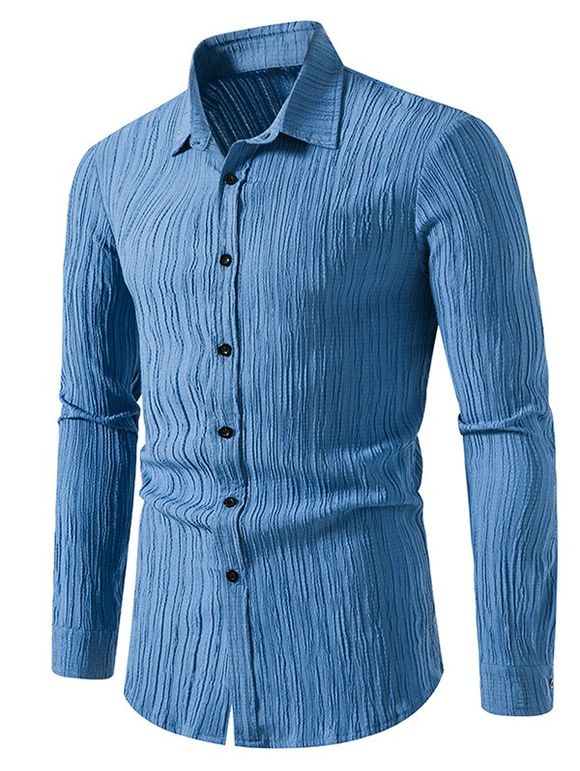 Chemise Texturée Rayée Boutonnée Manches Longues à Col Relevé - Bleu XXL