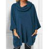 Cowl Neck Knit Top Draped Solid Color Pockets Bat Sleeve Casual Knitwear - DEEP BLUE 3XL