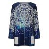 Plus Size Galaxy Flower Print Long Tunic T Shirt Raglan Sleeve Contrast Pocket Patches Loose Tee - DEEP BLUE 4XL
