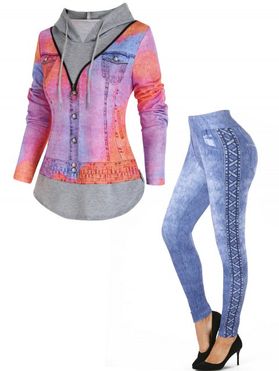 Denim Jacket 3D Print O Ring Zip Faux Twinset Hooded T Shirt And Skinny Leggings Casual Outfit
