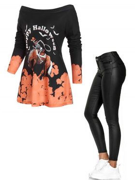 T-shirt D'Halloween à Imprimé Chauve-souris Squelette et Cheval à Manches Raglan en PU et Pantalon Zippé