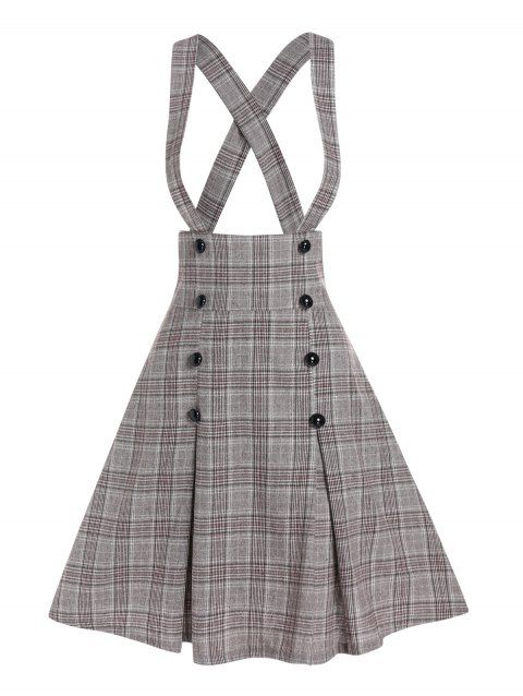 Plaid Print Suspender Skirt Cross Back Mock Button Flare Skirt