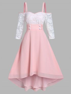 Chiffon Dress Flower Lace Insert Cold Shoulder Dress Faux Pearl A Line Dress