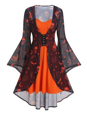 Halloween Pumpkin Bat Cat Moon Print Bell Sleeve See Thru Asymmetric Dress And Bold Color Cami Dress Two Piece Set