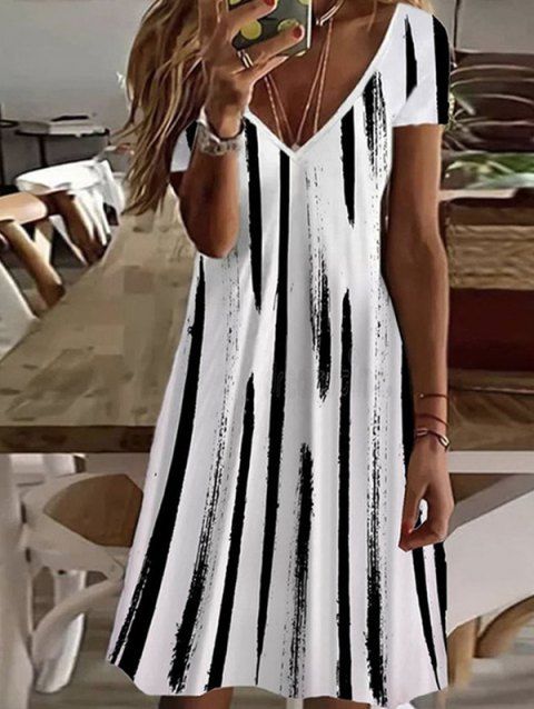 Contrast Stripe Print Tee Dress Short Sleeve V Neck Mini Tunic Dress