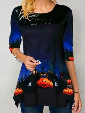 T-shirt D'Halloween Décontracté à Imprimé Citrouille Fantôme et Chauve-souris à Manches Longues
