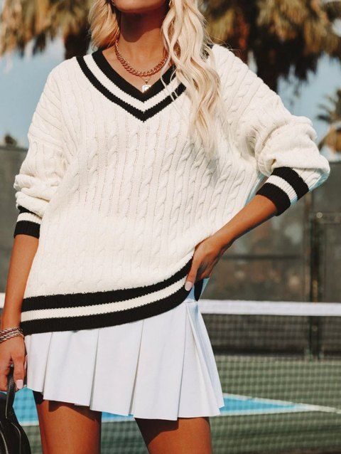 Twisted Cable Knit Drop Shoulder Sweater Contrast Stripe Graphic V Neck Sweater