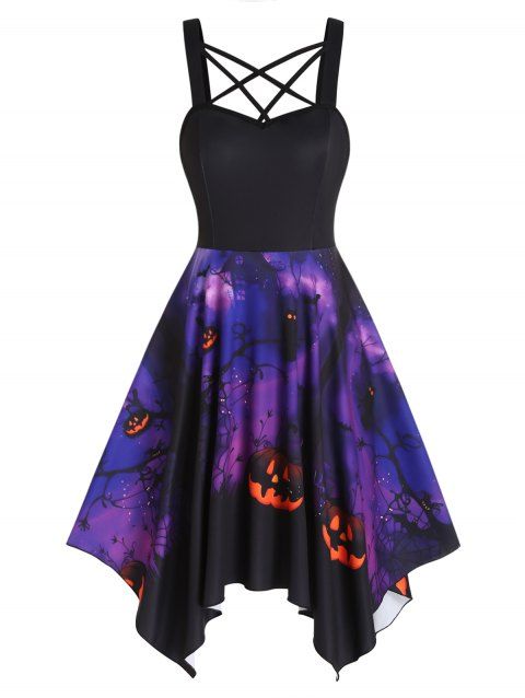 Halloween Pumpkin Ghost Bat Cross Print Asymmetric Dress Crisscross Backless Handkerchief Dress