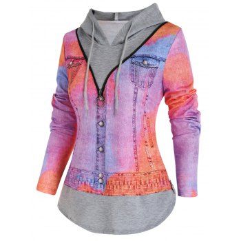 

Faux Twinset Hooded T Shirt Denim Jacket 3D Print Twofer T-shirt O Ring Zip Long Sleeve 2-in-1 Tee, Multicolor