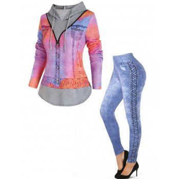 

Denim Jacket 3D Print O Ring Zip Faux Twinset Hooded T Shirt And Skinny Leggings Casual Outfit, Multicolor